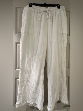 Style & Co Women's Petite White Drawstring Wide-Leg Linen Lounge Pants